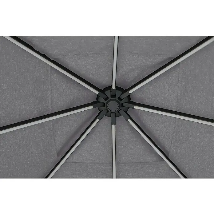 Sunfun Techo de repuesto + cortinas laterales Mauricio - An x Pr: 299 x 299 cm, Gris - Primer plano de una sombrilla gris con estructura negra y soportes blancos. El producto es ideal para uso en exteriores.