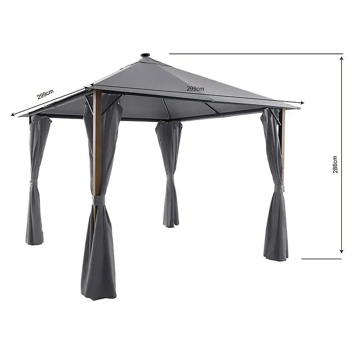 Sunfun Techo de repuesto + cortinas laterales Mauricio - An x Pr: 299 x 299 cm, Gris - Imagen de una glorieta de jardín gris, con las dimensiones mostradas de 299cm x 299cm x 286cm.
