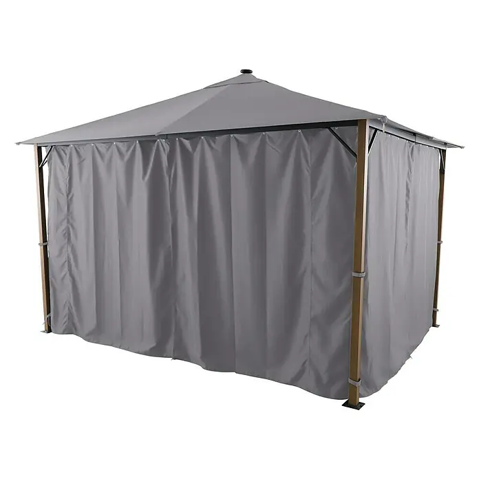 Sunfun Techo de repuesto + cortinas laterales Mauricio - An x Pr: 299 x 399 cm, Gris - Imagen de un cenador cerrado con cortinas grises y vigas de madera clara. El producto proporciona sombra y protección contra la intemperie.