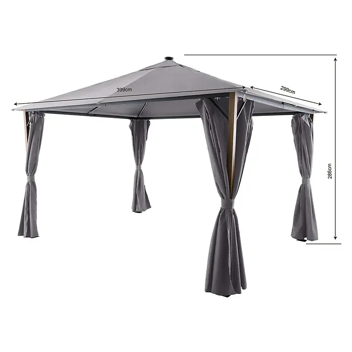 Sunfun Techo de repuesto + cortinas laterales Mauricio - An x Pr: 299 x 399 cm, Gris - Gazebo gris con cortinas y medidas de las longitudes laterales y la altura.