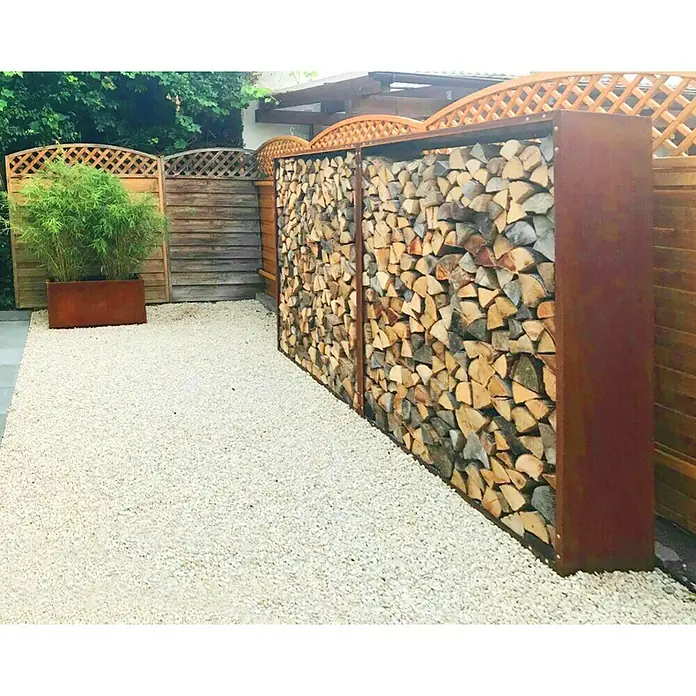 Palatino Exclusive Line Kaminholzregal Woodpecker - 100 x 40 x 120 cm, Edelrost - Brennholzlager im Freien mit dekorativem Design.