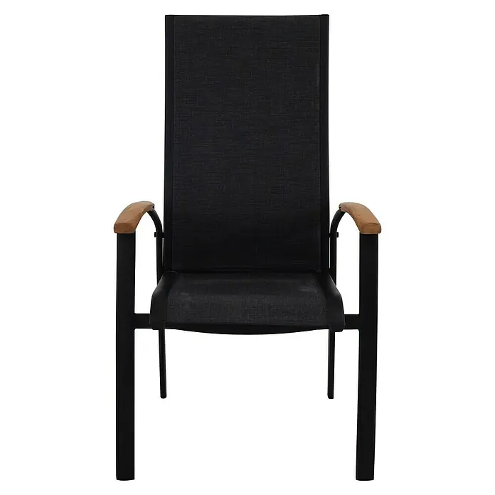 Sunfun Melina Sillón de jardín Melina - An x Pr x Al: 63 x 68 x 111 cm, Negro, Teca/Textiles/Aluminio, Apilable - Una foto detallada de una silla negra de exterior con reposabrazos de madera, perfecta para el patio. Opción de asiento cómoda y elegante.