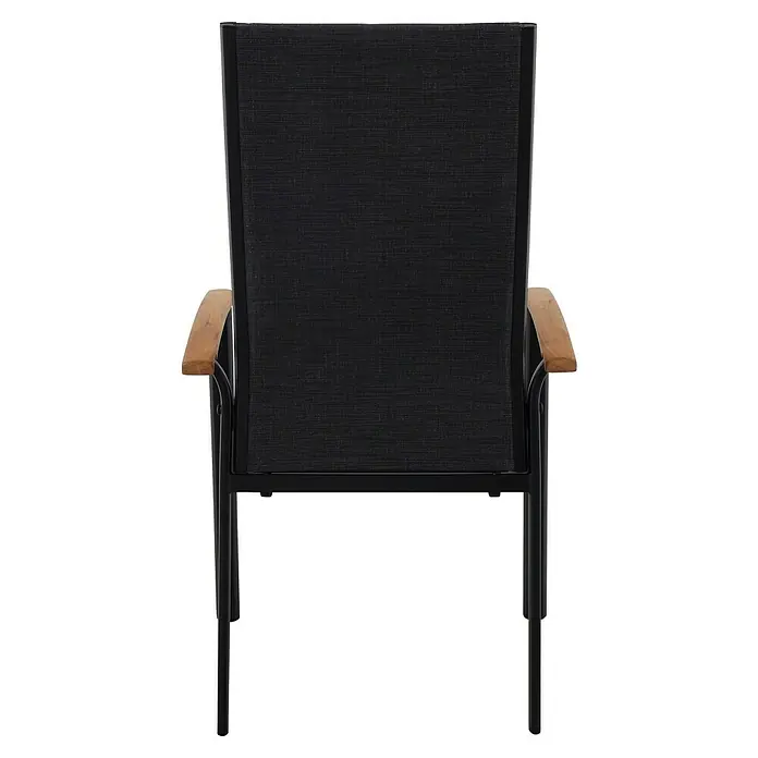 Sunfun Melina Sillón de jardín Melina - An x Pr x Al: 63 x 68 x 111 cm, Negro, Teca/Textiles/Aluminio, Apilable - Foto de una silla de jardín negra con reposabrazos de madera. El marco metálico parece duradero y la cubierta textil es resistente.