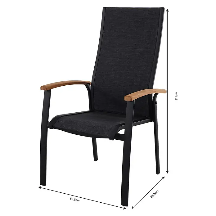 Sunfun Melina Sillón de jardín Melina - An x Pr x Al: 63 x 68 x 111 cm, Negro, Teca/Textiles/Aluminio, Apilable - Imagen de una silla de exterior con reposabrazos, estructura metálica negra y revestimiento textil para el asiento y el respaldo.