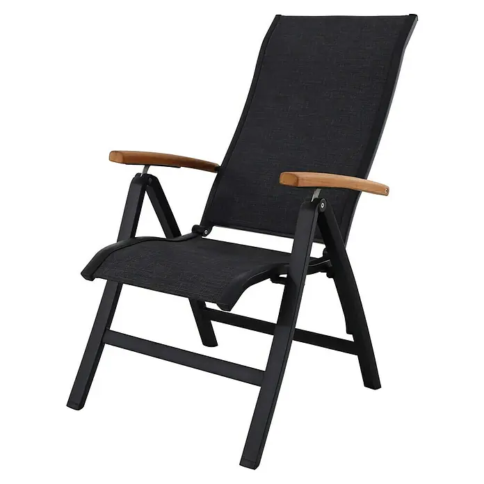 Sunfun Melina Sillón de posiciones - Negro, Teca/Textiline/Aluminio, Respaldo regulable - Sillón relax moderno con tapicería de tela oscura y reposabrazos de madera clara. La silla ofrece una gran comodidad para horas de relajación.