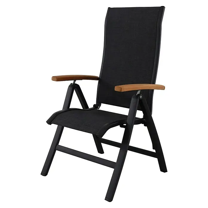 Sunfun Melina Sillón de posiciones - Negro, Teca/Textiline/Aluminio, Respaldo regulable - Elegante silla de jardín plegable con funda textil negra y reposabrazos de madera para horas de relajación al aire libre.