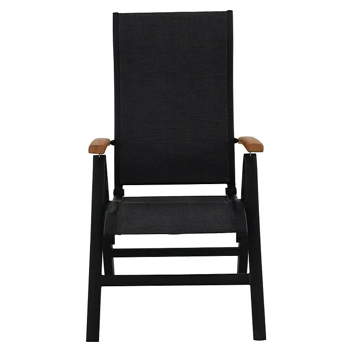 Sunfun Melina Sillón de posiciones - Negro, Teca/Textiline/Aluminio, Respaldo regulable - Una moderna tumbona de jardín negra con reposabrazos de madera, ideal para relajarse al aire libre. Asiento elegante y cómodo.