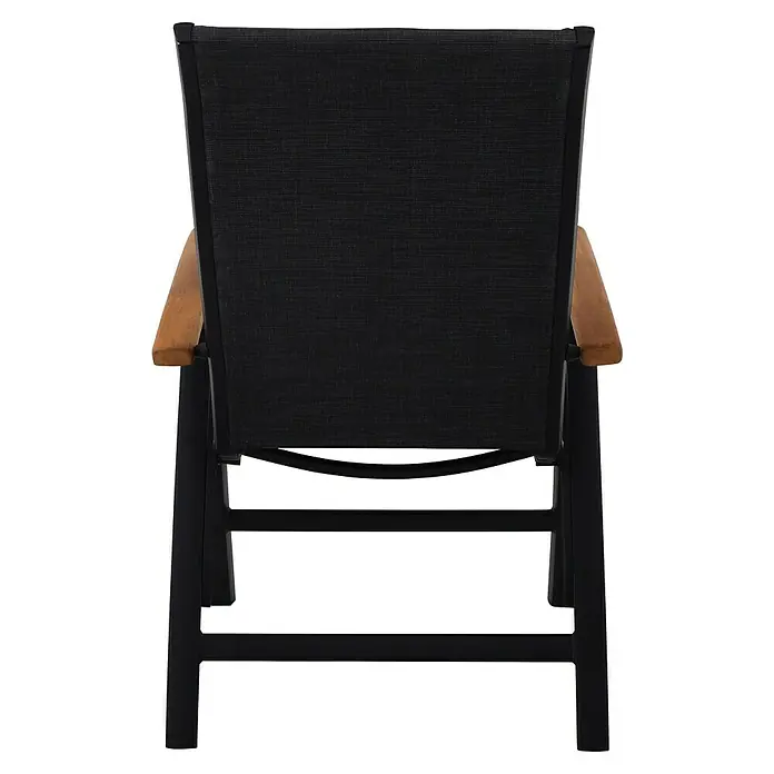 Sunfun Melina Sillón de posiciones - Negro, Teca/Textiline/Aluminio, Respaldo regulable - Silla de jardín con tapicería de tela negra y reposabrazos de madera clara. La estructura es de metal oscuro.