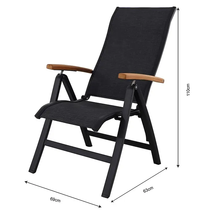 Sunfun Melina Sillón de posiciones - Negro, Teca/Textiline/Aluminio, Respaldo regulable - Imagen de una silla de jardín negra con reposabrazos de madera y dimensiones.