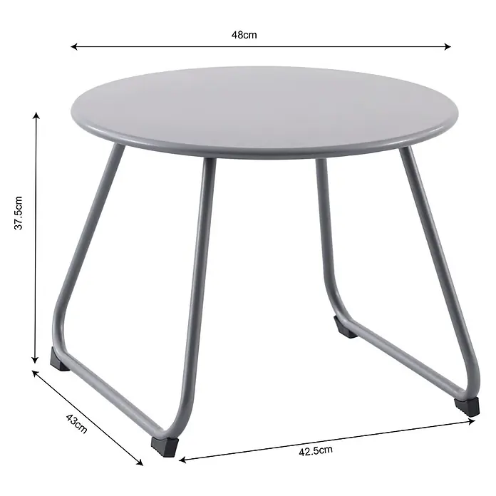 Sunfun Sarah Mesa auxiliar de jardín redonda - Ø x Al: 48 x 37,5 cm, Acero, Antracita - Primer plano de una mesa de centro redonda gris con patas metálicas e indicadores de dimensiones.