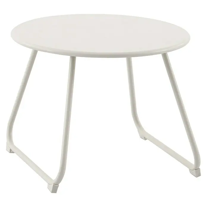 Sunfun Sarah Mesa auxiliar de jardín redonda - Ø x Al: 48 x 37,5 cm, Acero, Light greige - Este artículo muestra una pequeña mesa auxiliar redonda blanca con un diseño minimalista y un marco metálico robusto.