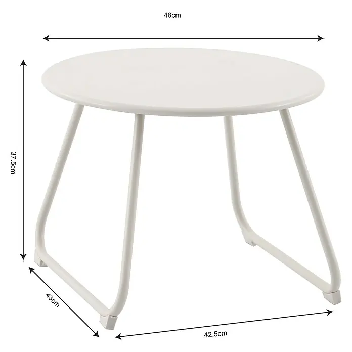 Sunfun Sarah Mesa auxiliar de jardín redonda - Ø x Al: 48 x 37,5 cm, Acero, Light greige - Una mesa auxiliar redonda blanca, que muestra las dimensiones de 48x37,5x43x42,5cm.