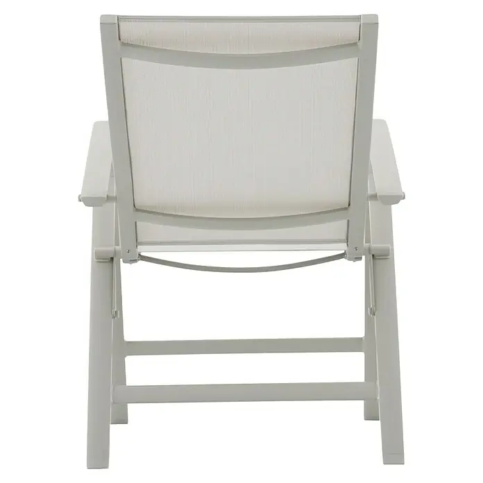 Sunfun Maja Sillón de posiciones - Aluminio, Respaldo regulable, Beige, An x Pr x Al: 61 x 68 x 110 cm - Vista posterior de una silla de jardín blanca con tapicería textil, que ofrece confort y estilo para horas de relax al aire libre.