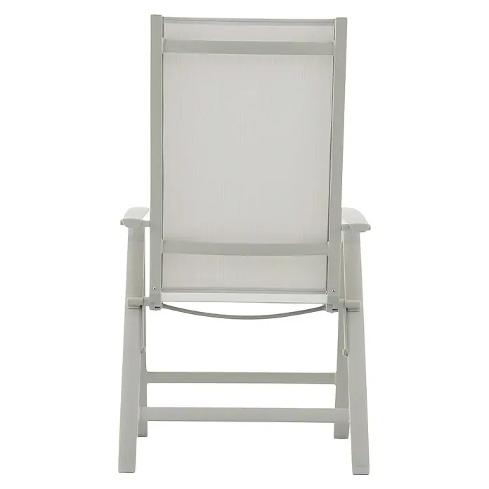 Sunfun Maja Sillón de posiciones - Aluminio, Respaldo regulable, Beige, An x Pr x Al: 61 x 68 x 110 cm - Primer plano de una silla de jardín blanca con cubierta textil, prometiendo comodidad y estilo para exteriores.
