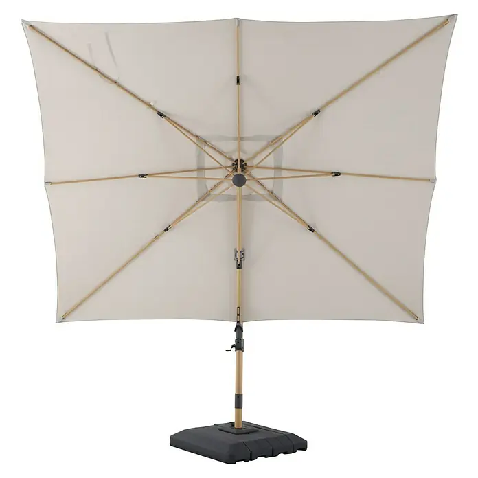 Sunfun Parasol de jardín Capri - Crudo, 300 x 350 cm, Aluminio - Primer plano de una sombrilla cuadrada con tela beige claro y estructura de madera, sobre una base negra.