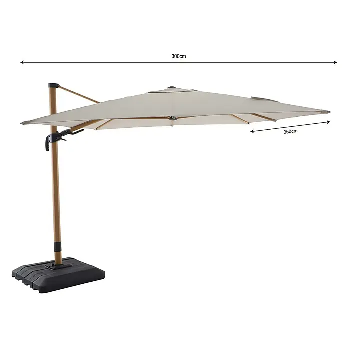 Sunfun Parasol de jardín Capri - Crudo, 300 x 350 cm, Aluminio - Imagen de una sombrilla cuadrada con dimensiones mostradas, perfecta para dar sombra a una gran zona exterior.
