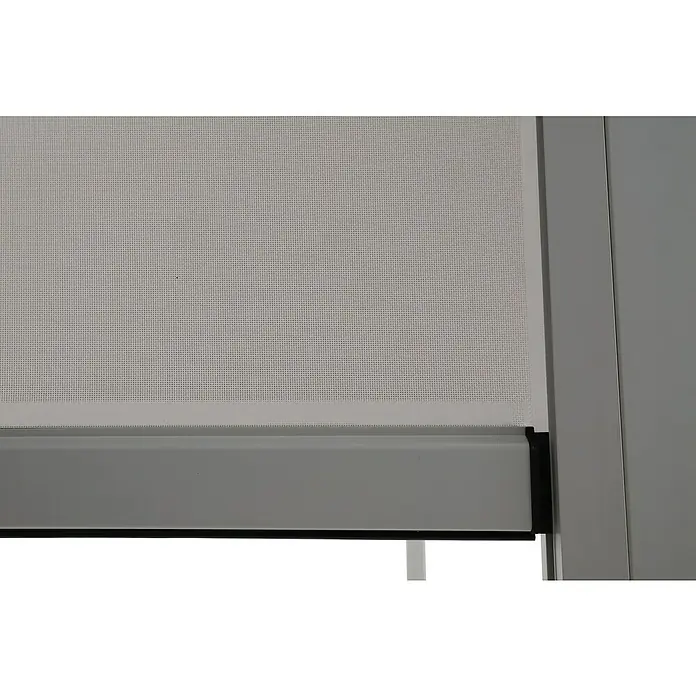 Sunfun Milos Panel lateral - An x Al: 276 x 217 cm, Blanco, Para pérgola con laterales Milos, Profundidad: 8,5 cm - Detalle de un elegante estor enrollable gris, diseñado para luz suave y privacidad. El tejido fino ofrece una protección óptima contra miradas indiscretas.