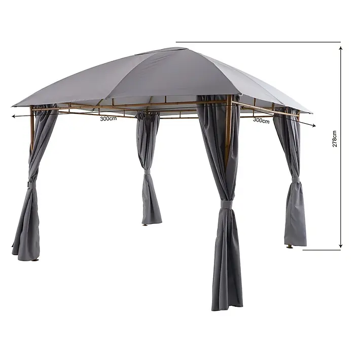 Sunfun Techo de repuesto Bali - L x An: 300 x 300 cm, Específico para: Carpa con laterales Bali - Imagen de un gazebo gris con cortinas y medidas que indican las dimensiones (300cm y 278cm). Un elegante refugio al aire libre.