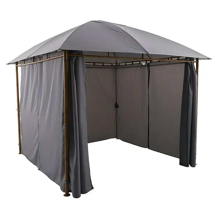 Sunfun Techo de repuesto Bali - L x An: 300 x 300 cm, Específico para: Carpa con laterales Bali - La imagen muestra una glorieta gris con cortinas y marco de bambú sobre un fondo negro, ofreciendo protección y privacidad al aire libre.