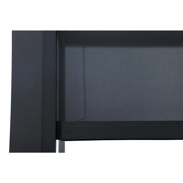 Sunfun Milos Panel lateral - An x Al: 368 x 217 cm, Antracita, Para pérgola con laterales Milos, Profundidad: 8,5 cm - Primer plano de una cubierta de ventana con persiana enrollable negra. La persiana enrollable ofrece protección solar y privacidad.