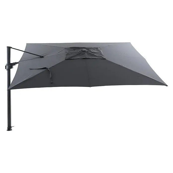 Sunfun Parasol de jardín Corfu - Antracita, 400 x 300 cm, Aluminio - Primer plano de una sombrilla cuadrada gris oscura con una barra de metal, diseñada para proporcionar sombra y protección solar.