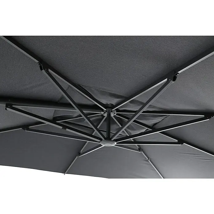 Sunfun Parasol de jardín Corfu - Antracita, 400 x 300 cm, Aluminio - Primer plano de la parte inferior de una sombrilla de patio gris, que muestra un robusto diseño de marco de metal para estabilidad y sombra.