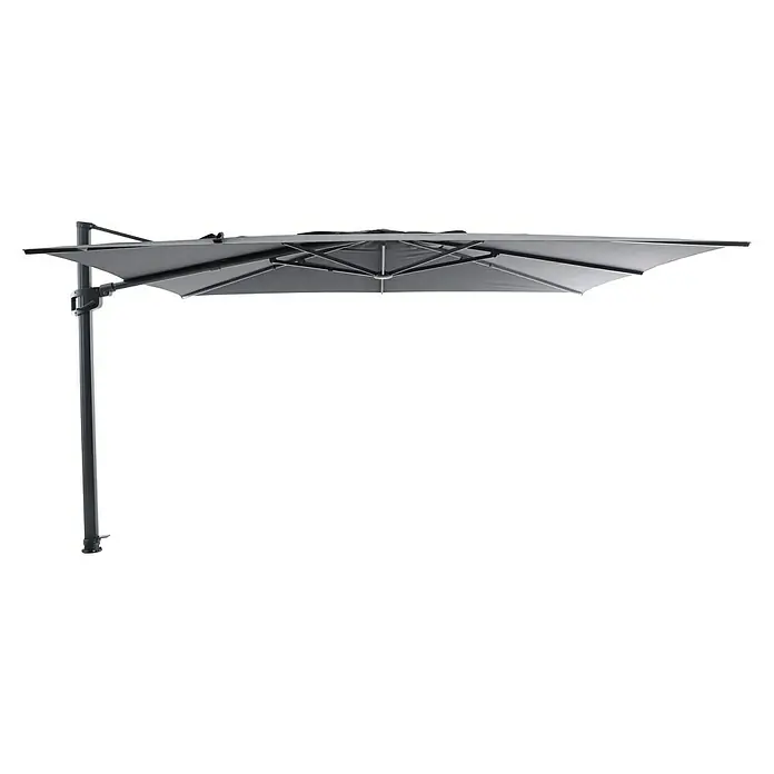 Sunfun Parasol de jardín Corfu - Antracita, 400 x 300 cm, Aluminio - Una foto de cerca de una sombrilla voladiza gris, que ofrece sombra y protección del sol. La sombrilla está sujeta a un soporte gris.