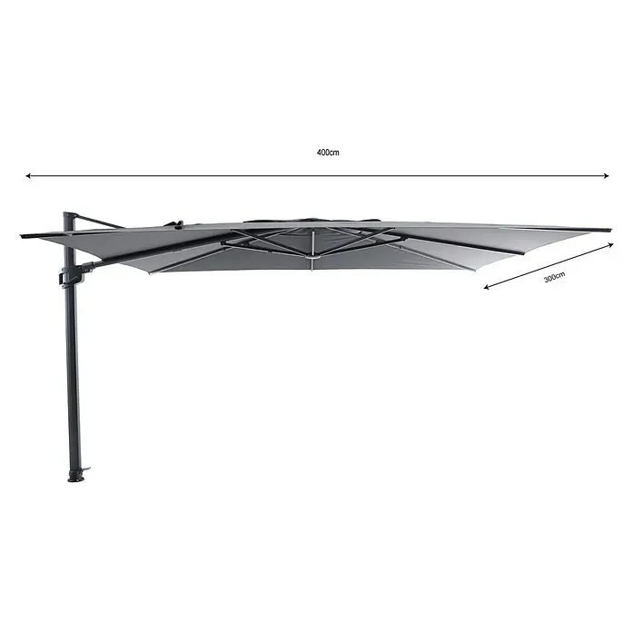 Sunfun Parasol de jardín Corfu - Antracita, 400 x 300 cm, Aluminio - Imagen de un parasol voladizo gris, con dimensiones de 400 cm de ancho y 300 cm de profundidad, que se muestra.