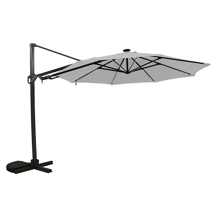 Sunfun Parasol de jardín Kauai - Gris claro, Diámetro de cobertura: 350 cm - Imagen de una sombrilla de exterior voladiza gris con soporte resistente, ofrece protección solar flexible para el jardín.