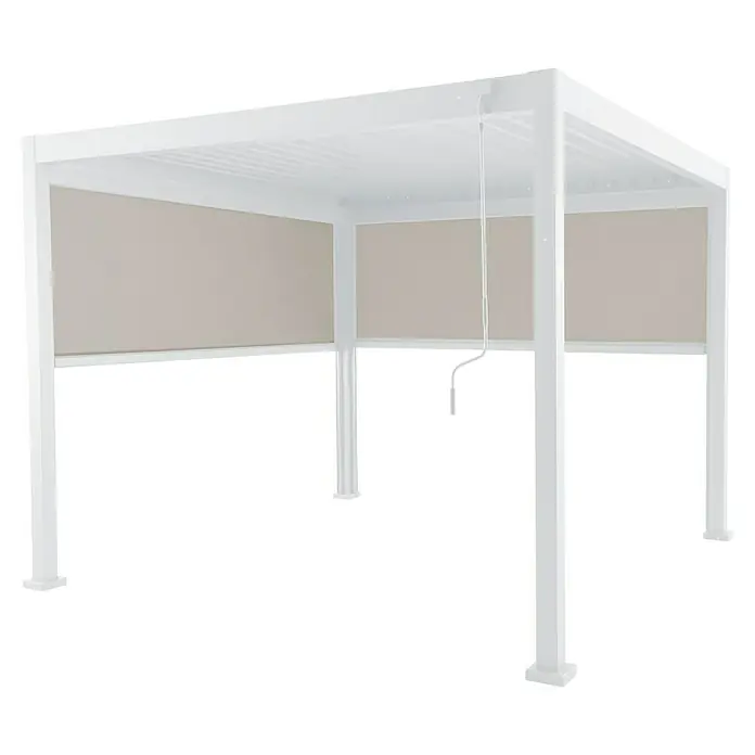 Sunfun Milos Pérgola estándar con laterales - L x An x Al: 294 x 386 x 235 cm, Aluminio, Blanco - Pérgola blanca con cortinas de color claro para patio o jardín. Protección climática elegante para relajarse al aire libre.