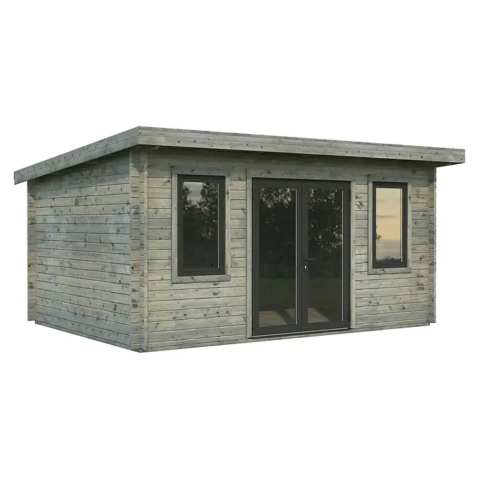 Palmako Gartenhaus Lisandra - Außenmaß inkl. Dachüberstand (B x T): 494 x 394 cm, Holz, Grau - Ein modernes Gartenhaus aus Holz mit großen Fenstern und einer Doppeltür, ideal für den Garten oder als Büro.