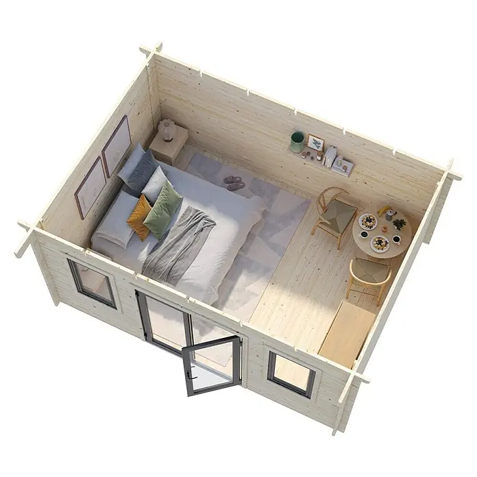 Palmako Gartenhaus Lisandra - Außenmaß inkl. Dachüberstand (B x T): 494 x 394 cm, Holz, Grau - Illustration eines gemütlichen Holzhauses mit Schlafzimmer und Essbereich, das eine entspannende Atmosphäre bietet.