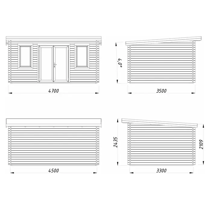 Palmako Gartenhaus Lisandra - Außenmaß inkl. Dachüberstand (B x T): 494 x 394 cm, Holz, Grau - Technische Zeichnung eines Gartenhauses mit genauen Maßangaben für Bau und Planung.