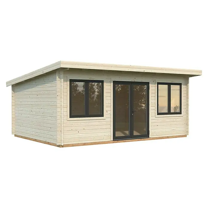 Palmako Gartenhaus Lisandra - Außenmaß inkl. Dachüberstand (B x T): 578 x 451 cm, Holz, Natur - Abbildung eines Holzgartenhauses mit Fenstern und einer Doppeltür. Das Haus hat ein flaches Dach und ist aus hellen Holzbrettern gefertigt.