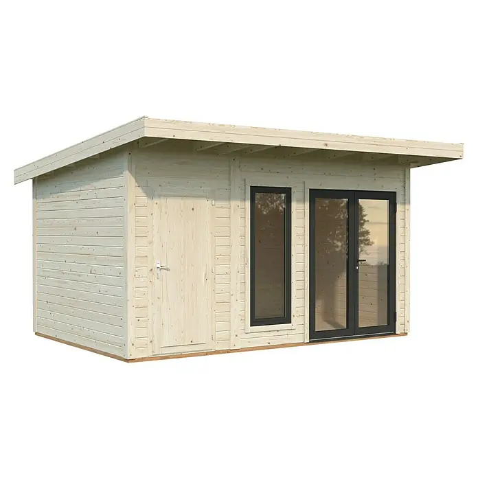 Palmako Gartenhaus Aurelia - Außenmaß inkl. Dachüberstand (B x T): 480 x 404 cm, Holz, Hellbraun, Inklusive Geräteraum - Abbildung eines Holzgartenhauses mit Tür und Fenster. Das moderne Design und die natürliche Holzoptik machen es zu einem Hingucker.