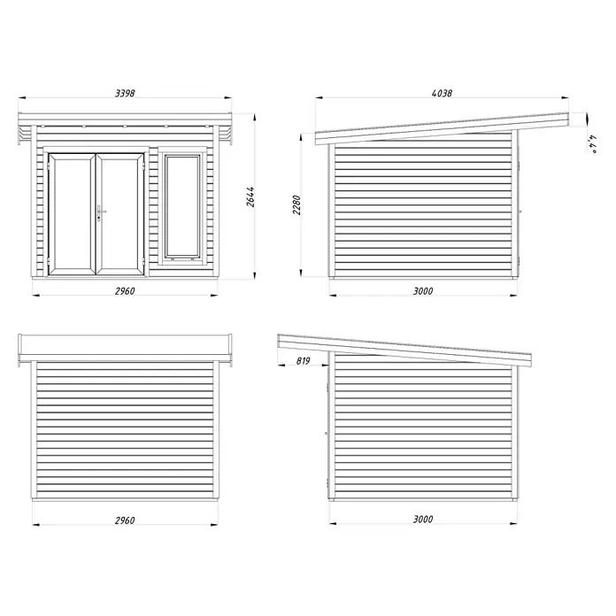 Palmako Gartenhaus Aurelia - Außenmaß inkl. Dachüberstand (B x T): 340 x 404 cm, Holz, Hellbraun - Bauplan eines Holzhauses mit Maßen, Front-, Seiten- und Rückansicht, ideal für Garten oder als Lagerraum.