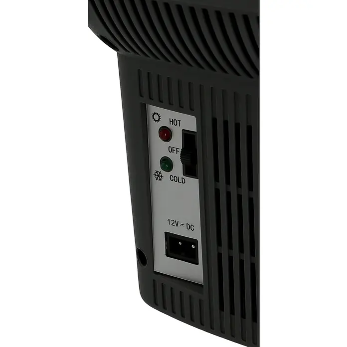 AEG Kühlbox BK6 - Fassungsvermögen: 6 l, 2 Getränkehalter, Schwarz - Nahaufnahme eines Getränkekühlers mit Temperaturregler auf Aus-Modus. Die LED-Anzeigen für Heiß und Kalt sind sichtbar.