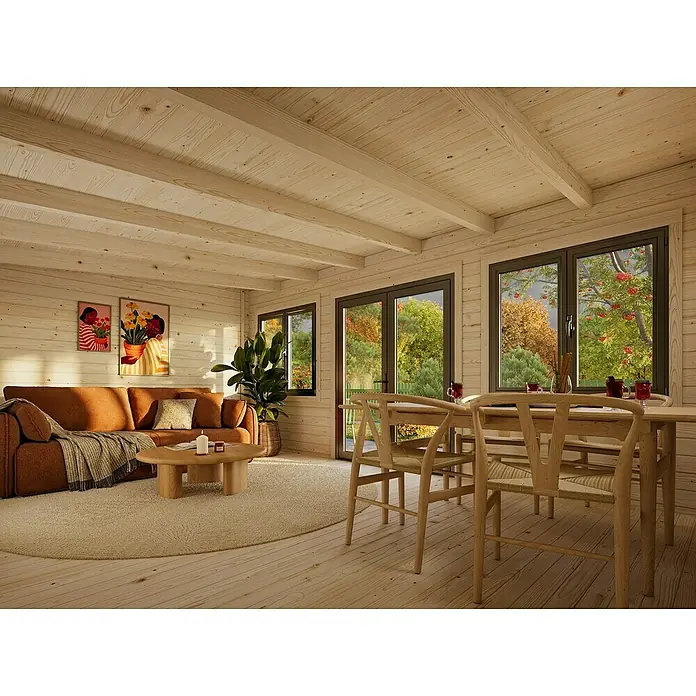 Palmako Gartenhaus Lisandra - Außenmaß inkl. Dachüberstand (B x T): 578 x 451 cm, Holz, Natur - Ein gemütliches Holzhäuschen mit rustikalem Esstisch und einladendem Sofa, perfekt für entspannte Stunden in der Natur.