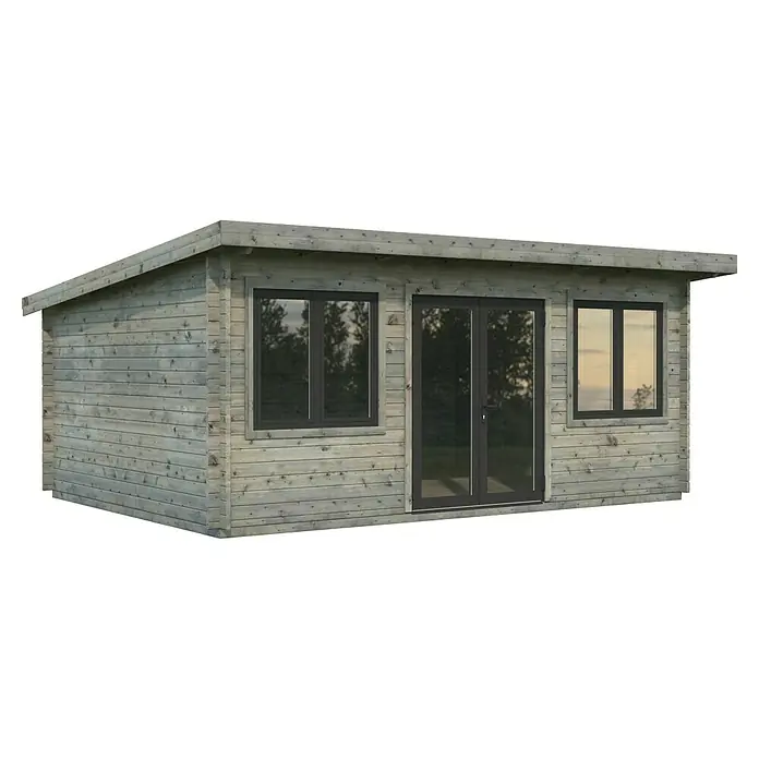 Palmako Gartenhaus Lisandra - Außenmaß inkl. Dachüberstand (B x T): 578 x 451 cm, Holz, Grau - Ein hellgraues Blockhaus mit dunklen Fensterrahmen und einer Doppeltür, ideal für den Garten als Büro oder Hobbyraum.