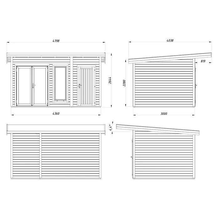 Palmako Gartenhaus Aurelia - Außenmaß inkl. Dachüberstand (B x T): 480 x 404 cm, Holz, Hellbraun, Inklusive Geräteraum - Technische Zeichnung eines Gartenhauses mit Abmessungen, einschließlich Vorder-, Seiten- und Draufsicht zur detaillierten Planung.