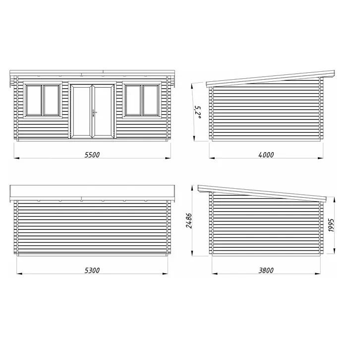 Palmako Gartenhaus Lisandra - Außenmaß inkl. Dachüberstand (B x T): 578 x 451 cm, Holz, Natur - Technische Zeichnung eines Holzhauses mit Maßen, Ansichten von vorne, von der Seite und von hinten, ideal für Bauplanung und Design.