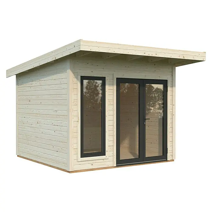 Palmako Gartenhaus Aurelia - Außenmaß inkl. Dachüberstand (B x T): 340 x 404 cm, Holz, Natur unbehandelt - Abbildung eines modernen Gartenhauses mit Flachdach, Fenster und Doppeltür, ideal für den Garten oder als zusätzlicher Wohnraum.