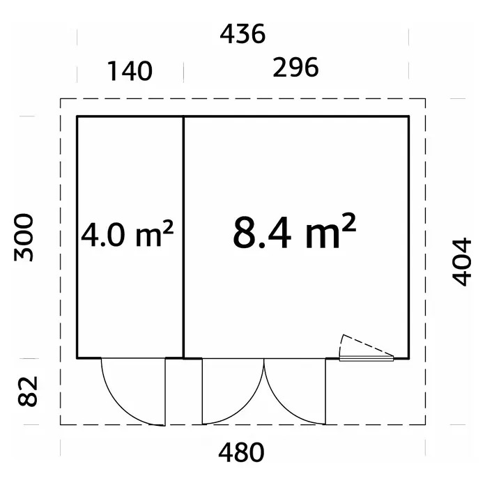 Palmako Gartenhaus Aurelia - Außenmaß inkl. Dachüberstand (B x T): 480 x 404 cm, Holz, Hellbraun, Inklusive Geräteraum - Grundrisszeichnung eines Hauses mit zwei Zimmern und Maßen in Zentimetern und Quadratmetern.