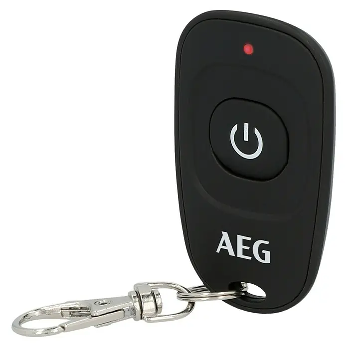 AEG Spannungswandler ST 1000 - 1.000 W - Schwarze AEG-Fernbedienung mit Ein/Aus-Taste, roter LED-Anzeige und Schlüsselanhänger.