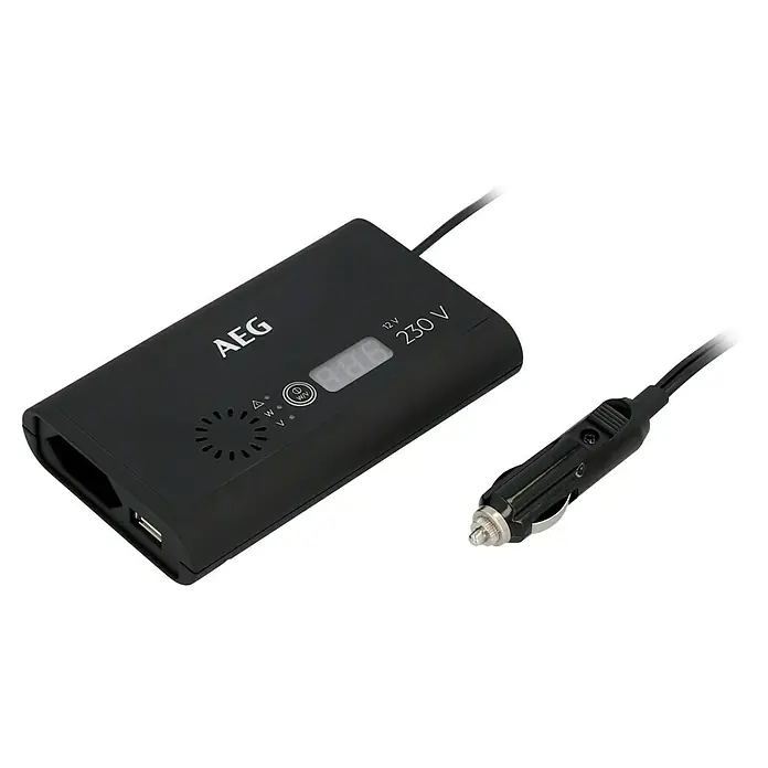 AEG Spannungswandler Si 150 - 230 V, 150 W - Abbildung eines schwarzen AEG Spannungswandlers mit Zigarettenanzünderstecker und USB-Anschluss, der 12V in 230V umwandelt.