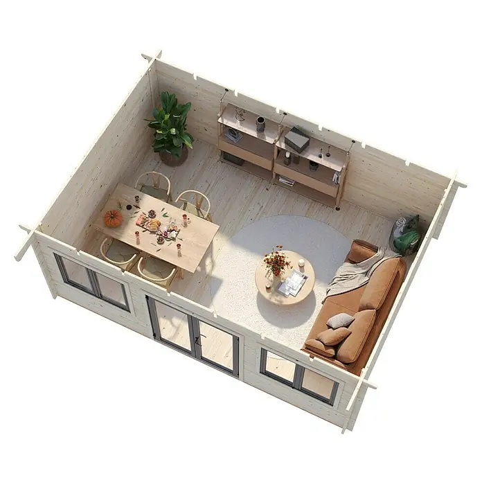 Palmako Gartenhaus Lisandra - Außenmaß inkl. Dachüberstand (B x T): 578 x 451 cm, Holz, Natur - Gemütliches Blockhaus-Interieur mit Esstisch, Sofa und Bücherregal, perfekt für entspannte Stunden in stilvollem Ambiente.