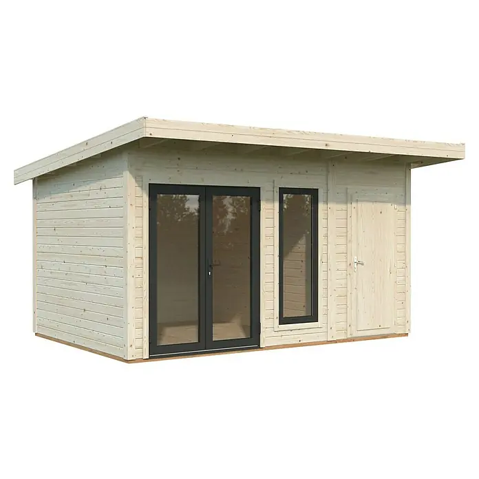 Palmako Gartenhaus Aurelia - Außenmaß inkl. Dachüberstand (B x T): 480 x 404 cm, Holz, Hellbraun, Inklusive Geräteraum - Ein helles Holzgartenhaus mit dunklen Fenstern und einer Tür. Das Gartenhaus ist ein Blickfang im Garten und bietet Platz für Entspannung.