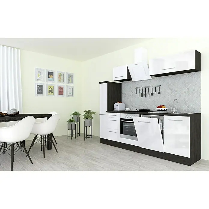 Respekta Premium Küchenzeile RP250EWCBO - Breite: 250 cm, Weiß, Mit Elektrogeräten - Helle und moderne Küche mit weißen Schränken und Geräten, ergänzt durch einen Esstisch mit weißen Stühlen und minimalistischer Dekoration.