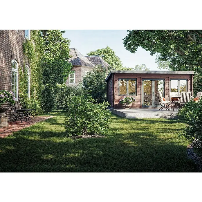 Palmako Gartenhaus Lisandra - Außenmaß inkl. Dachüberstand (B x T): 578 x 451 cm, Holz, Natur - Eine attraktive Gartensauna mit Holzverkleidung und großen Fenstern, die einen herrlichen Blick in den Garten bietet. Perfekt zum Entspannen.