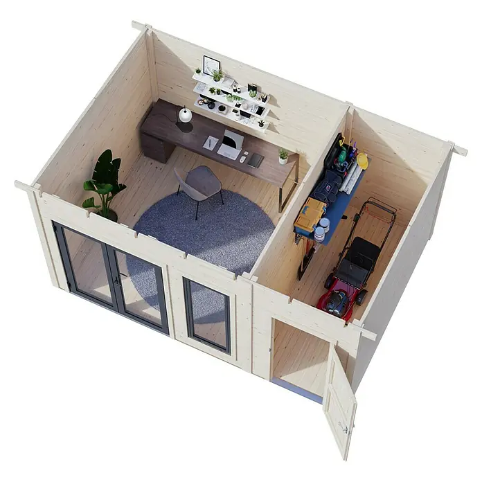 Palmako Gartenhaus Aurelia - Außenmaß inkl. Dachüberstand (B x T): 480 x 404 cm, Holz, Hellbraun, Inklusive Geräteraum - 3D-Ansicht eines Holzgartenhauses mit Büro und Stauraum, ideal für Arbeit und Gartenutensilien. Die Struktur ist aus hellem Holz gefertigt.